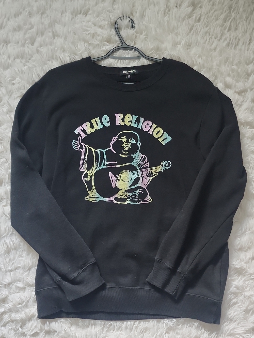 True Religion Black Crewneck with Iridescent Multicolor Buddha Graphic